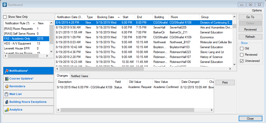 dashboard with highlighted event row