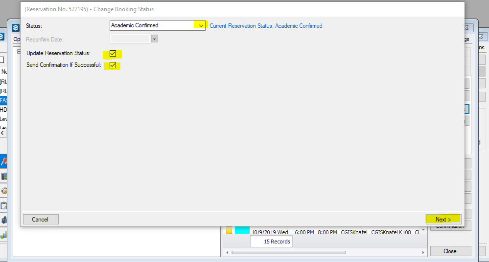 changing the status of the reservation with options highlighted