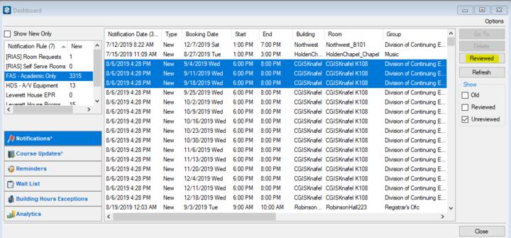 Sample dashboard with rows selected and Reviewed button highlighted.